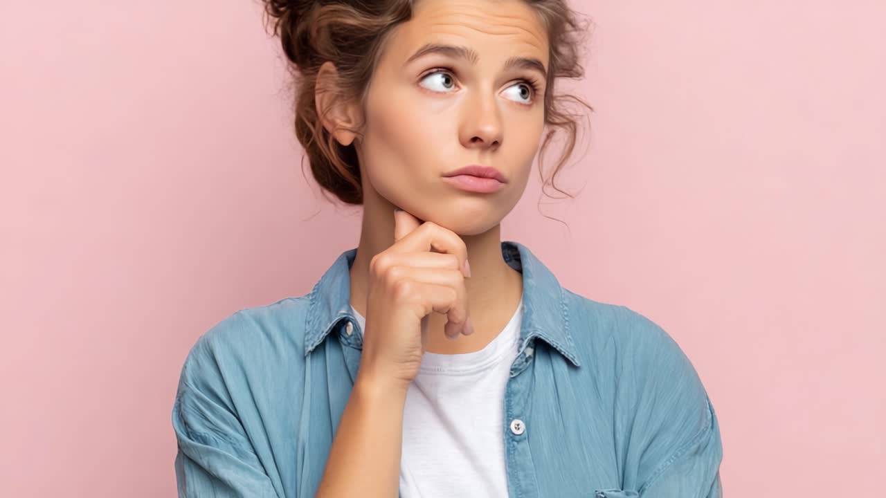 Contemplative Young Woman with Curly Hair Pondering in Front of Pink Background: A Moment of Reflection Captured in Two Frames
