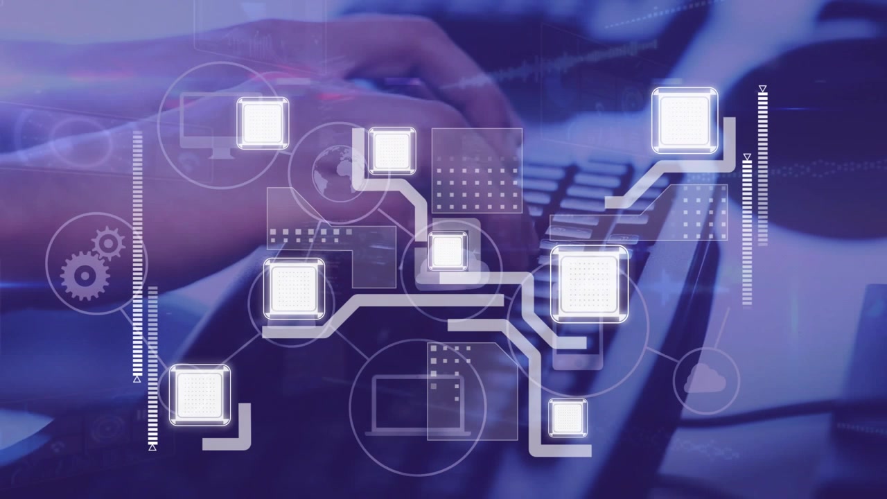 Computer user typing at keyboard, initiating tech HUD overlaying keys visualizing network activity