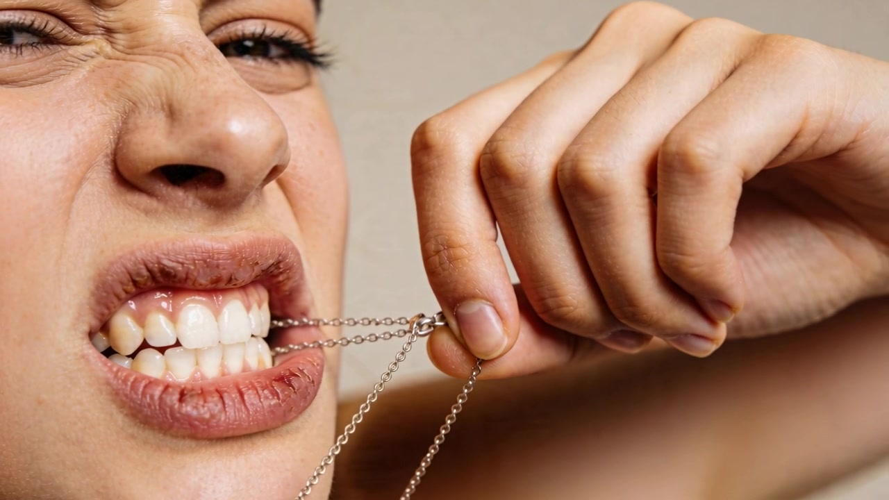 Gripping chain with teeth, woman pulling necklace right with hands in studio, trying to open clasp