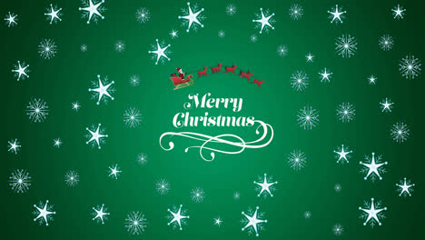 animation of christmas greetings with snow falling on green background