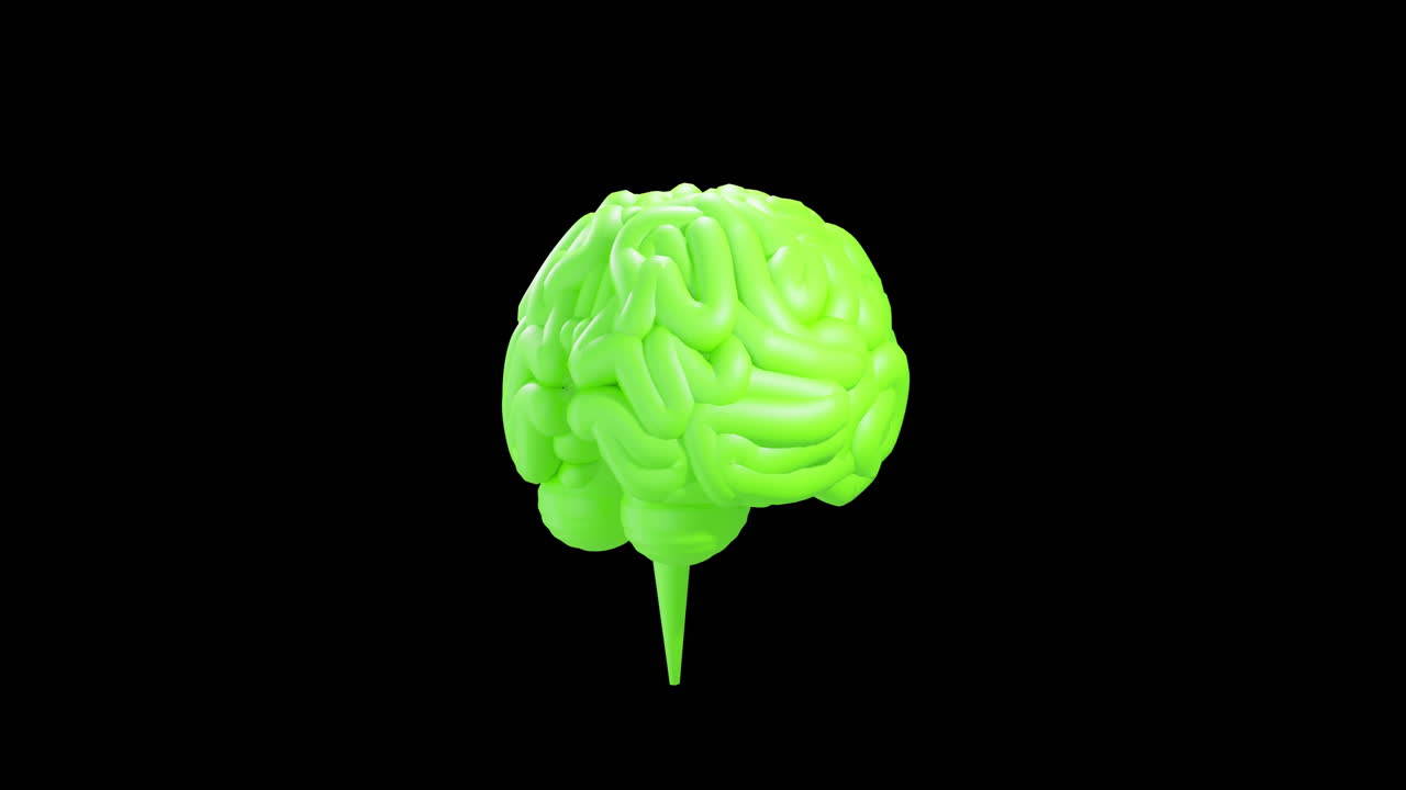 Animation of green human brain spinning on black background