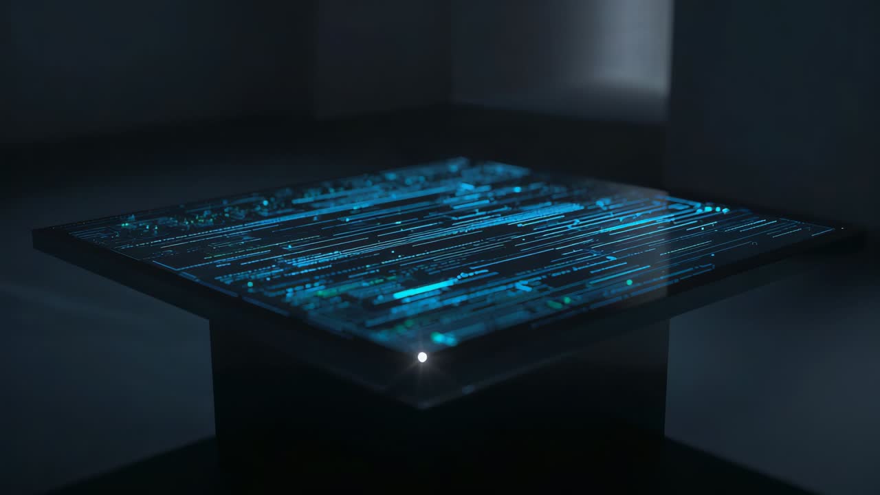 Camera shifting display animating in dim room, pulsing cyan nodes on black stand showing data