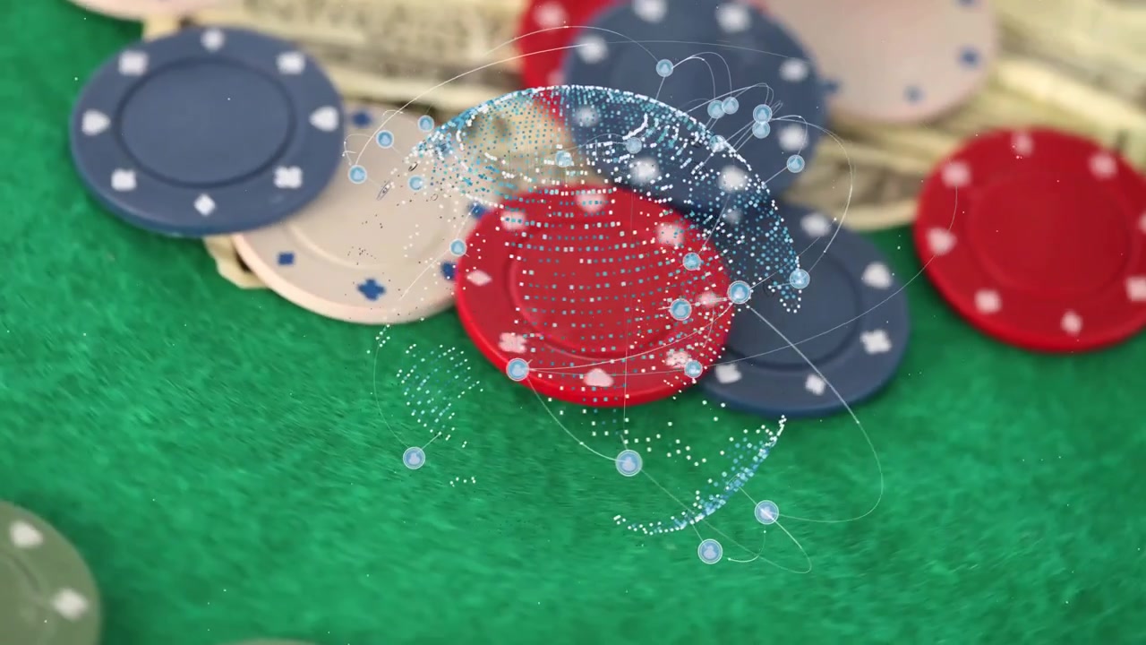 Durante la riproduzione, una sfera in sovrimpressione si muove su fiches e denaro mentre la telecamera esegue una panoramica, evidenziando il valore del piatto.