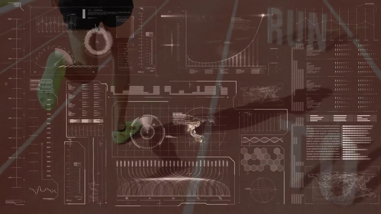 Animation of statistics and data processing over caucasian female runner