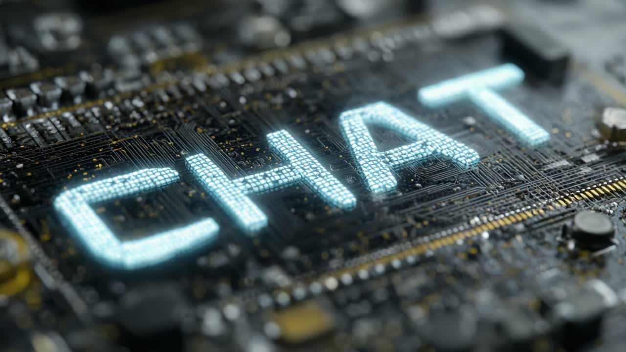 A Close-Up View of a Microchip Featuring the Word 'CHAT' Illuminated in Bright Neon Colors, Representing Modern Communication and Technology Advances in Digital Interaction