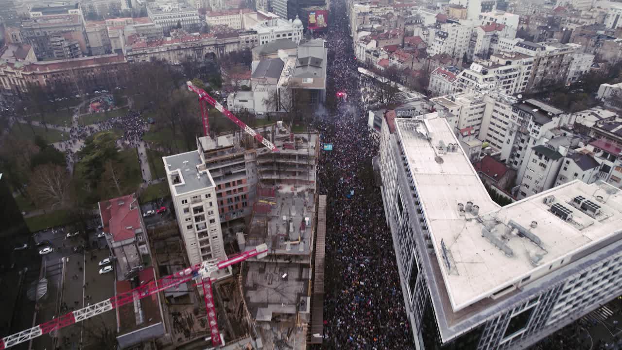 Drone View Over Huge Crowds at Belgrade Kralja Milana St from Slavija Square to Beogradjanka March 15 Antigovernment Demonstration Triggered by Novi Sad Incident