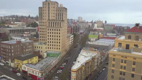 Contemporary-Buildings-And-Quiet-Streets-In-Downtown-City-Of-Tacoma-In-Washington---aerial-drone