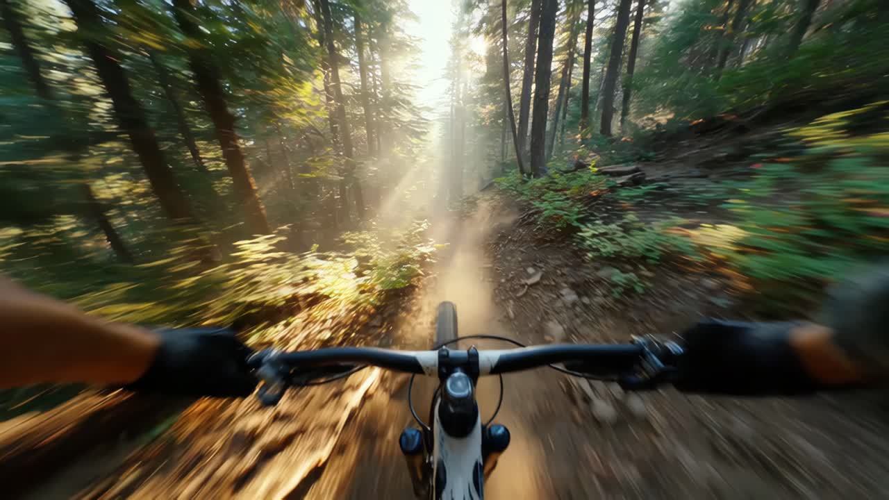 Cycling adventure through sunlit forest trail