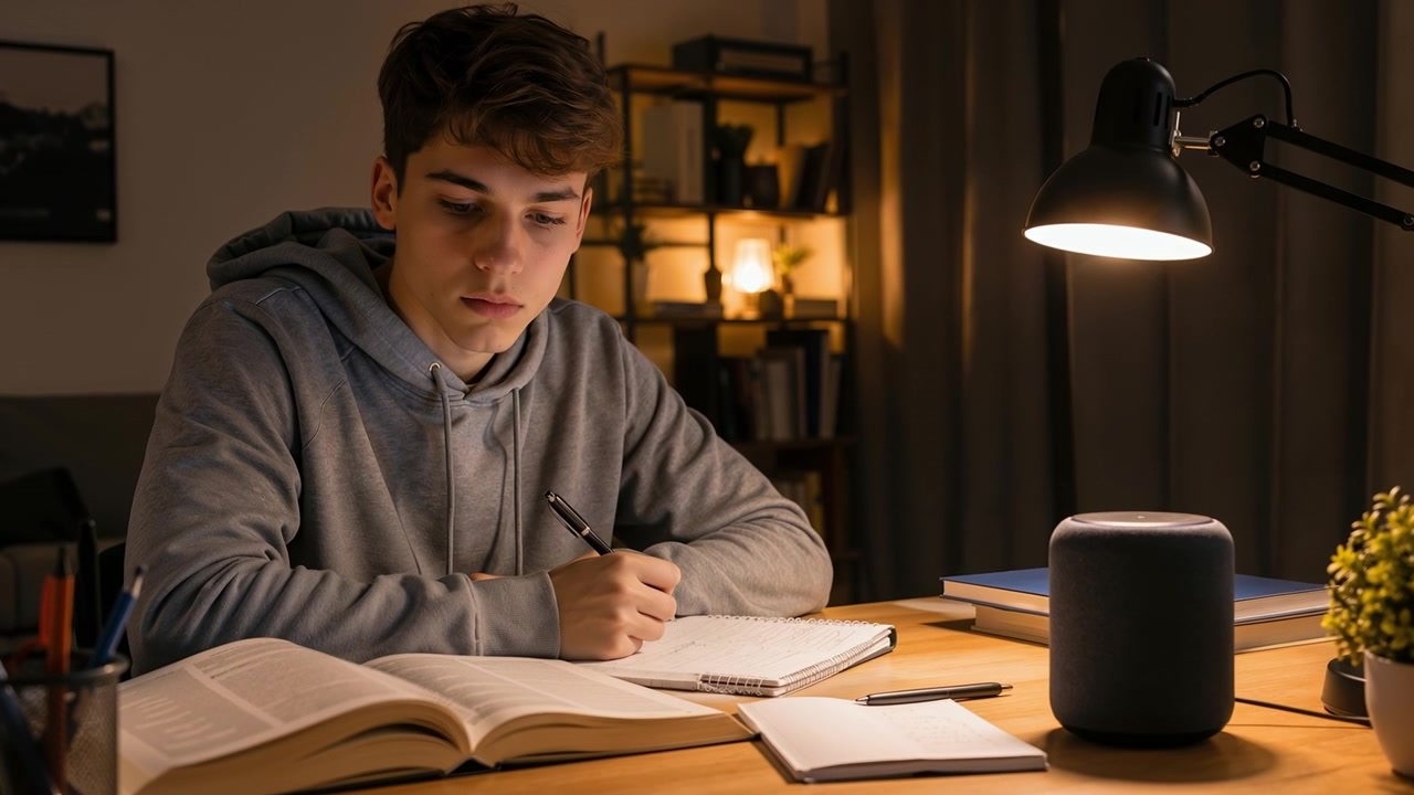 Ung mann studerer ved et trebord om natten, skriver i en notatbok under en lampe.