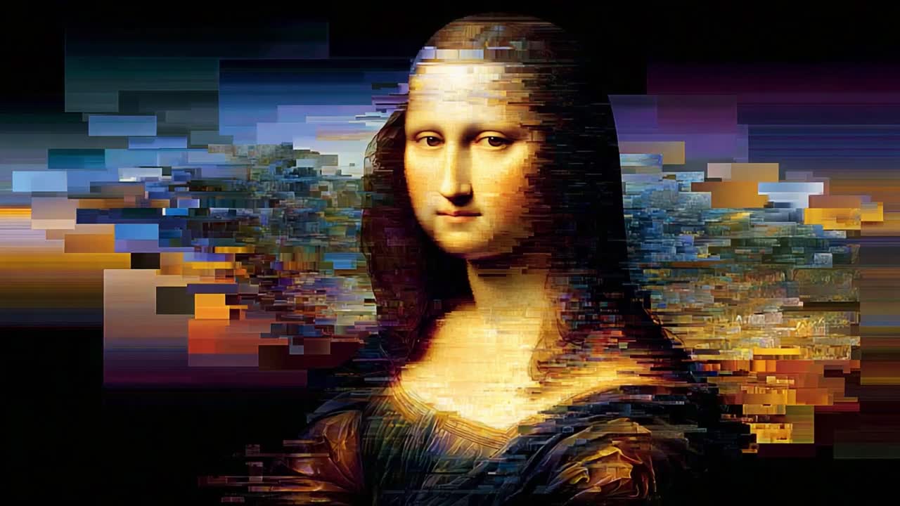 A Digital Interpretation of a Timeless Masterpiece: Exploring the Evolution of Artistic Representation Through Abstract Visuals and Colorful Patterns in Two Striking Frames