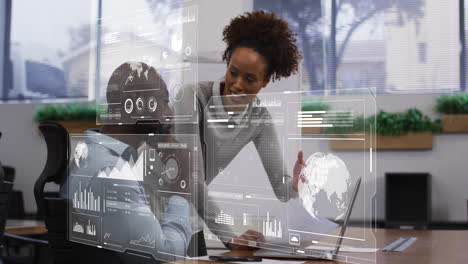 animation of financial data processing over diverse business people in office