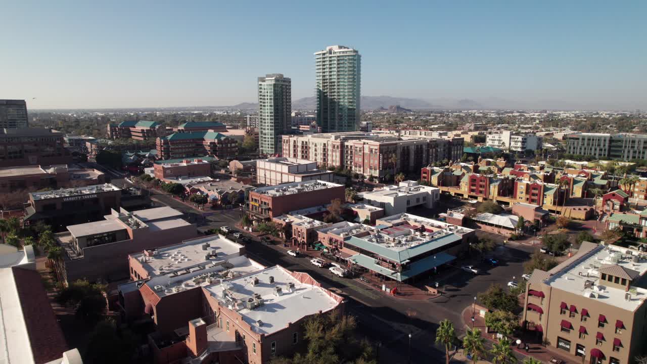 Mill Ave District, Tempe, AZ, 4K aerial view of shops and street