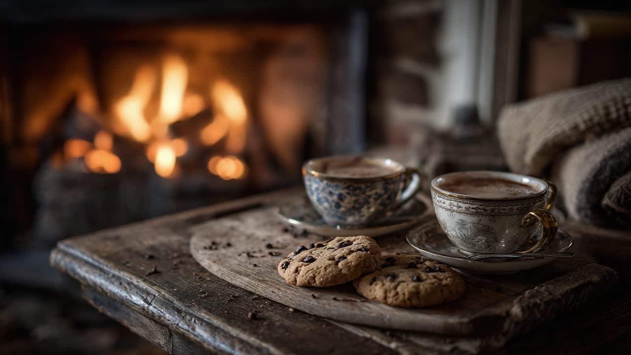En hyggelig eftermiddag: Omfavn varmen med dampende kaffe og småkager ved ilden i rustikke omgivelser