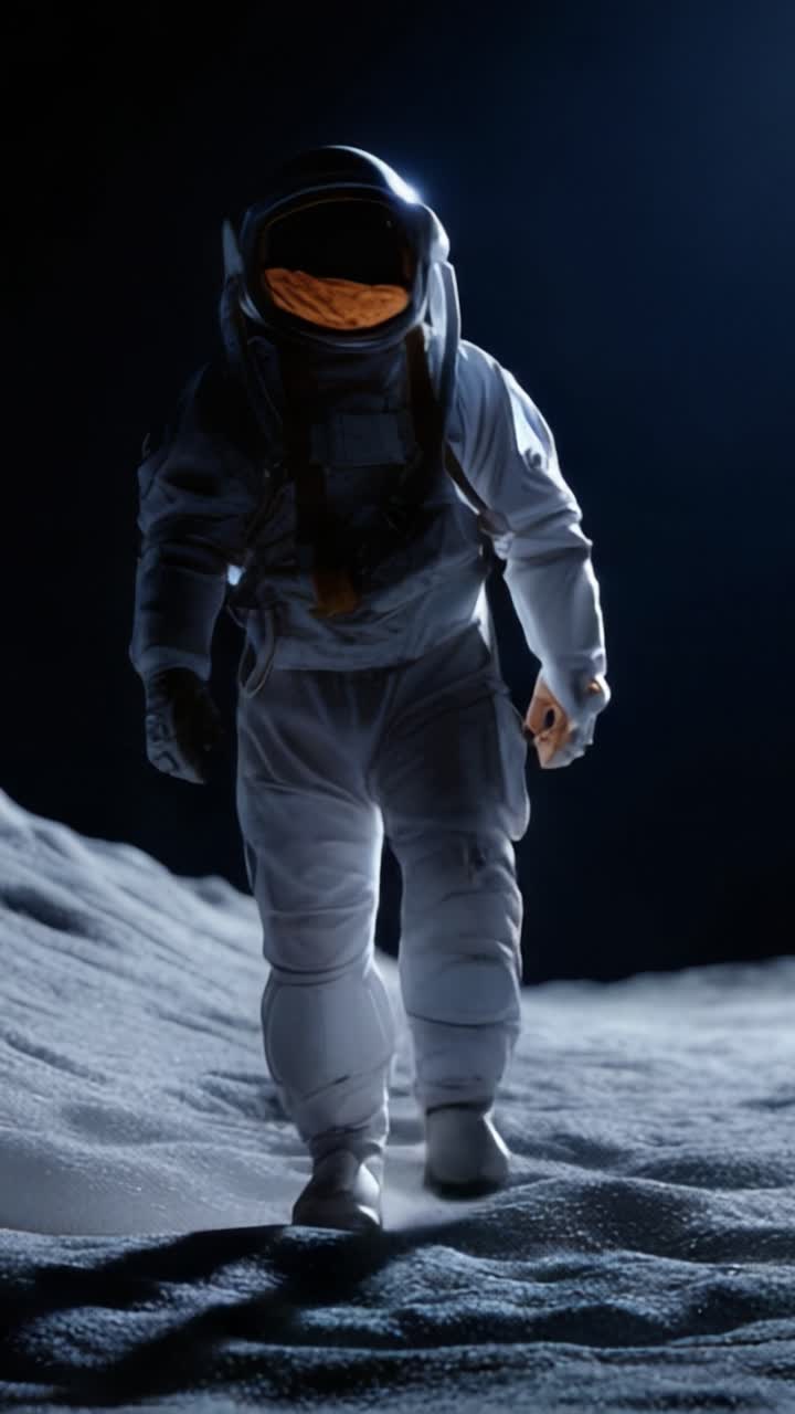 An astronaut in a space suit walks across the lunar surface, illuminated by a distant light, capturing the essence of exploration and human adventure in space