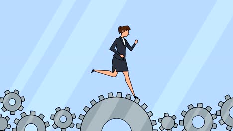 personaje de mujer de negocios de dibujos animados plano corriendo en engranajes giratorios animación
