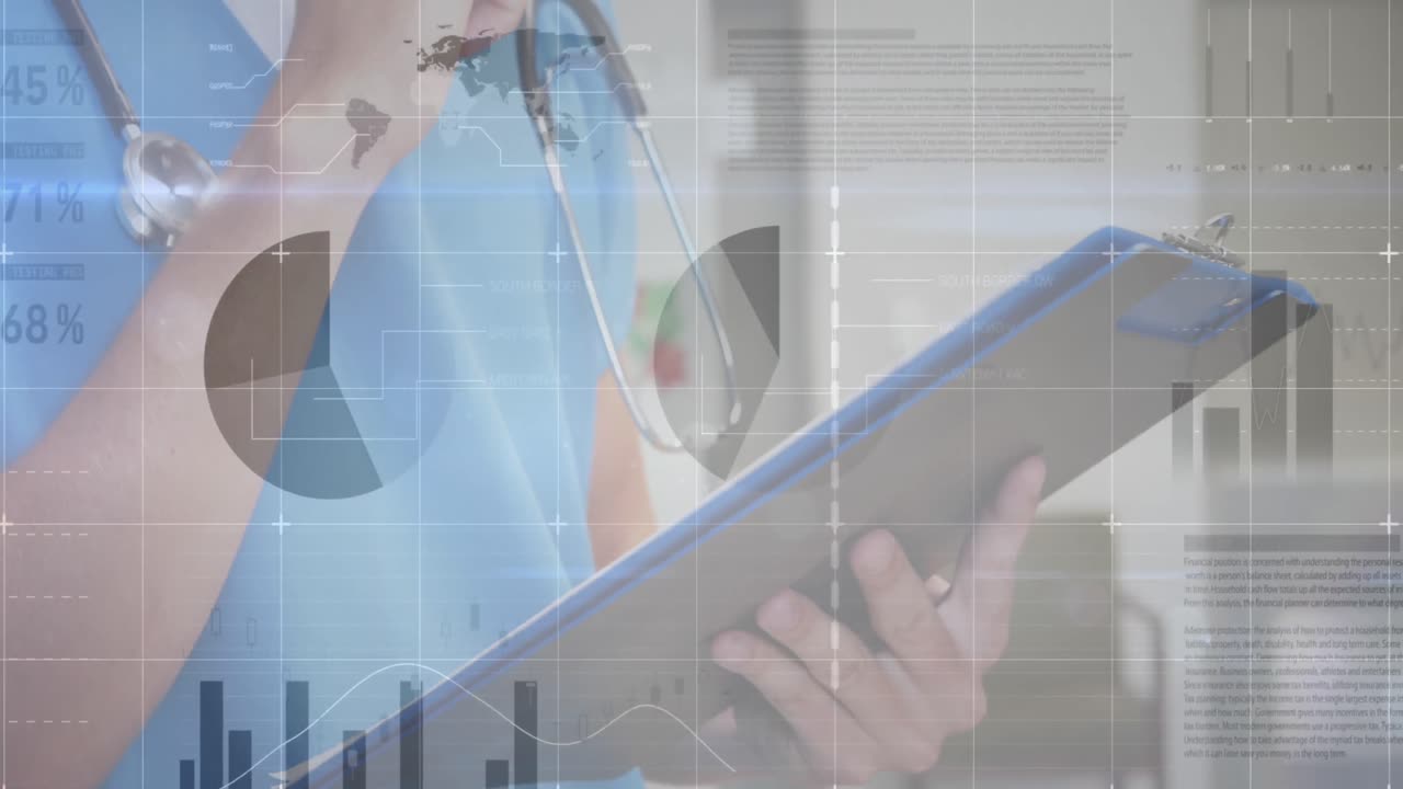 파일과 함께 백인 남성 의사에 대한 데이터 처리 애니메이션