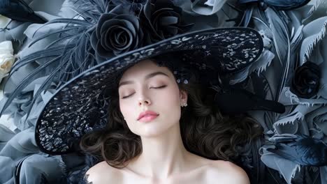 a woman in a black hat laying on a bed of flowers and birds