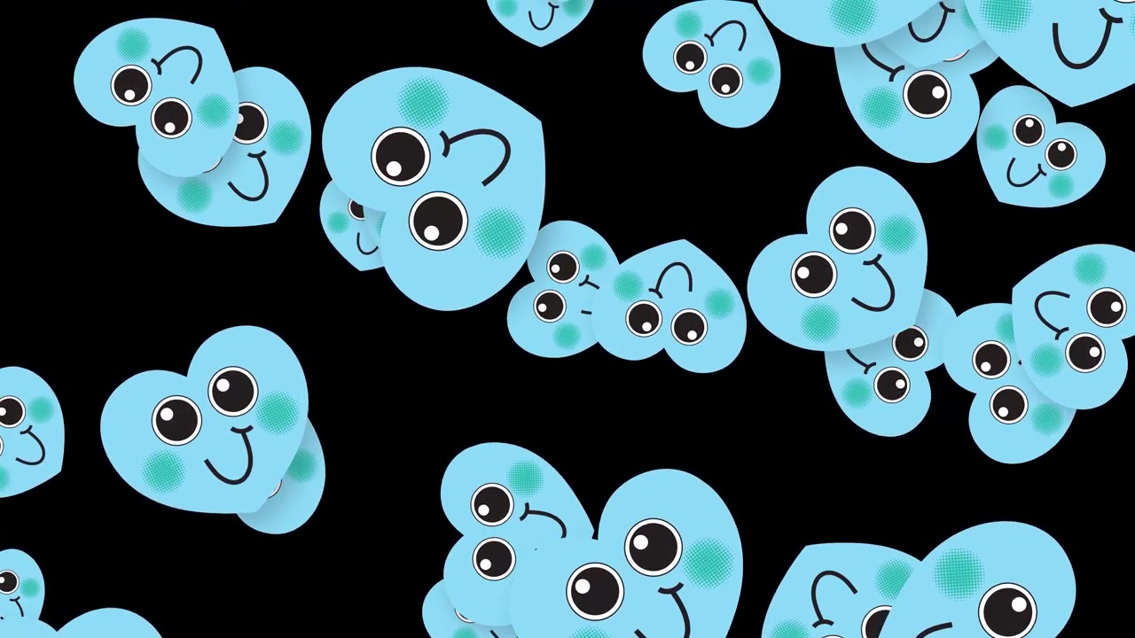 Cute blue heart characters with smiling faces fall continuously against a dark black background.