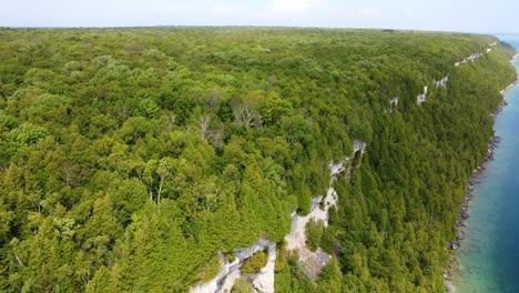 drone tilting slowly to show the vast expanse of the georgian bay boreal forest and coastline in ontario, canada