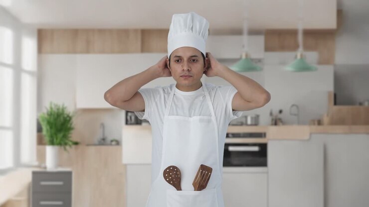 un chef profesional indio serio se está preparando.