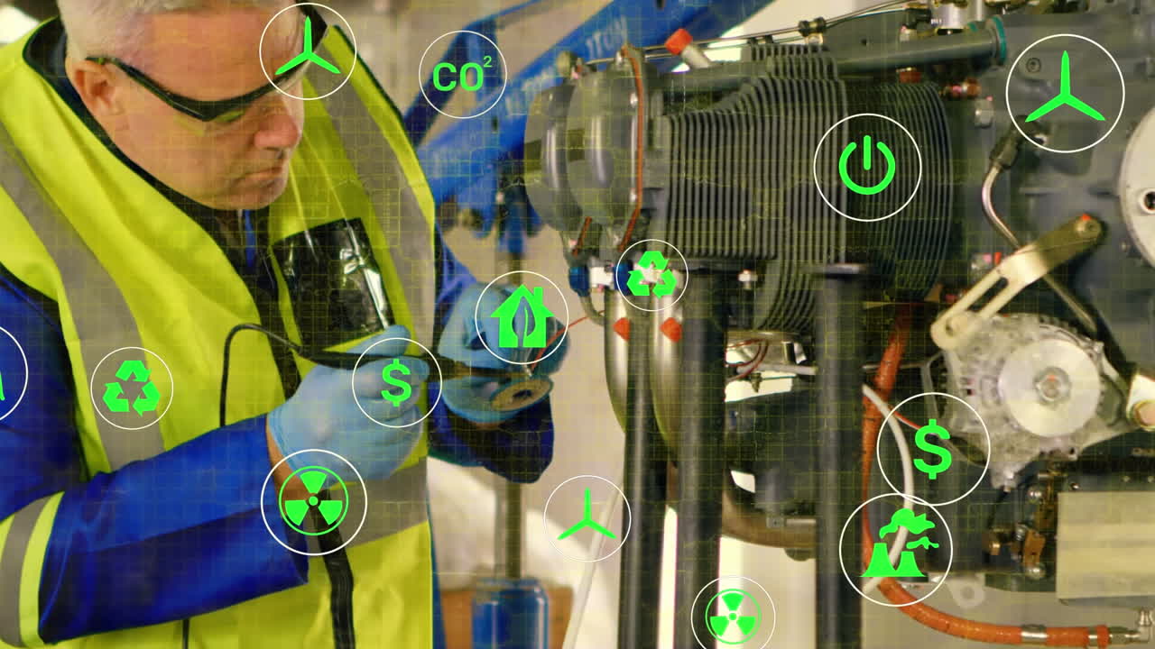 animación de cons digitales sobre un ingeniero caucásico reparando una máquina en una fábrica.