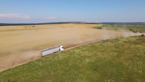 aerial view of lorry cargo truck driving on dirt road between agricultural wheat fields. transportation of grain after being harvested by combine harvester during harvesting season