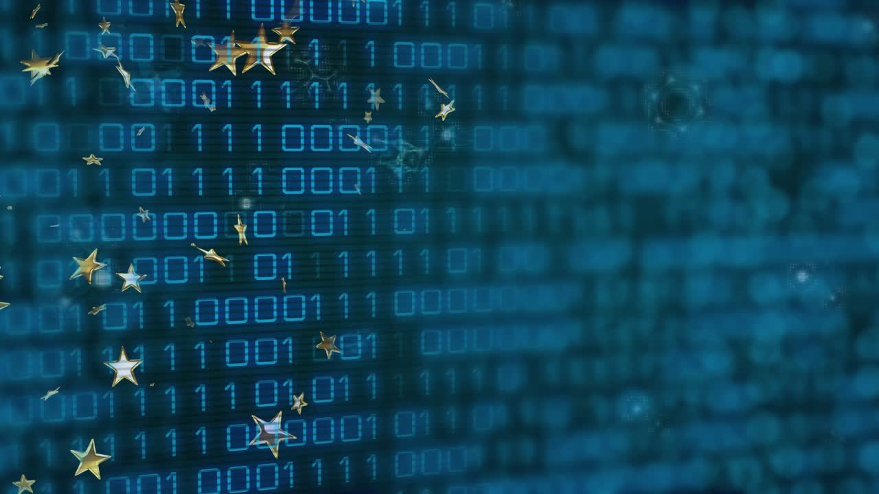 Left-edge entry sending metal stars drifting and rotating across binary matrix, creating depth