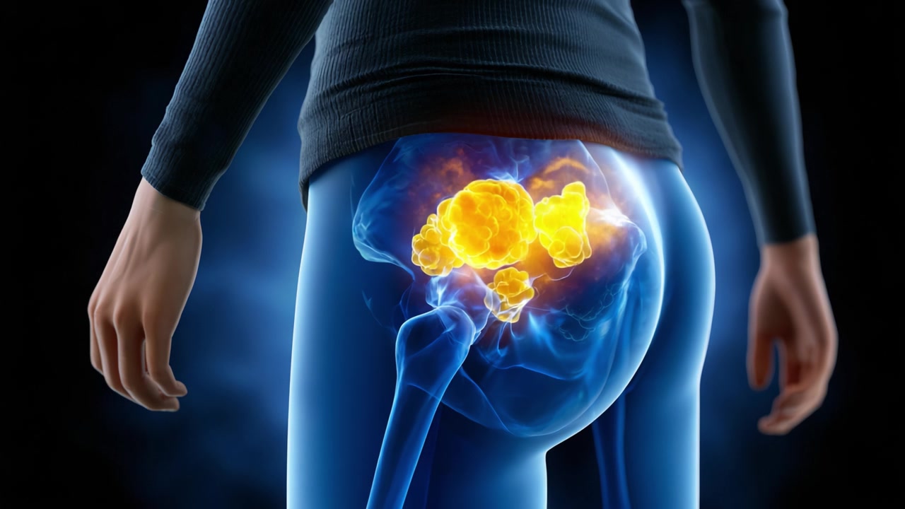 A Detailed Visualization of Pelvic Anatomy Highlighting Inflammation and Potential Issues in the Hip Joint Area with Emphasis on Pain Points and Muscle Structures