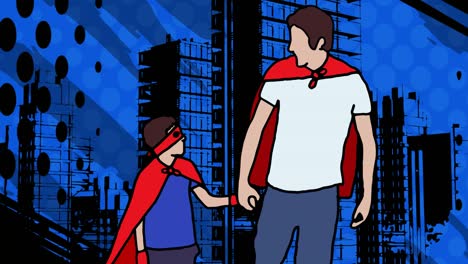 animation of superhero family together on blue background