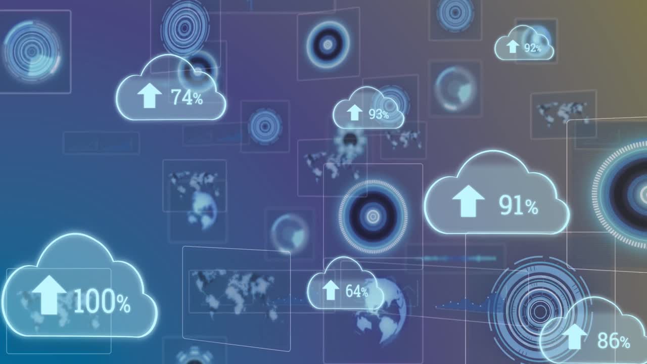 화면에서 스캔하는 범위에서 화살표와 퍼센트 성장과 함께 디지털 구름의 애니메이션