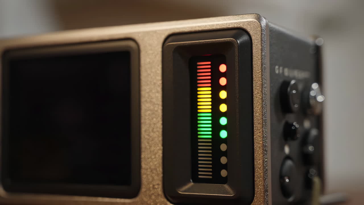 Close-up of an audio level meter on professional recording equipment