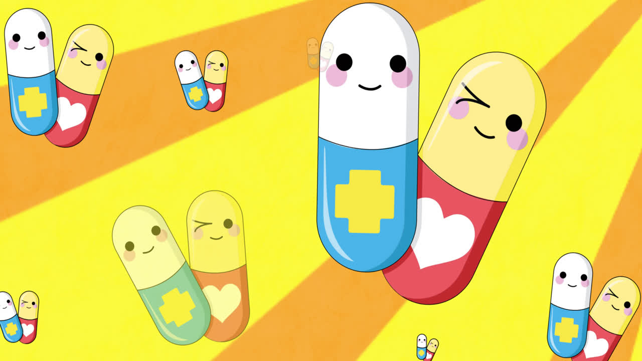 Animation of pill icons over lines on orange background