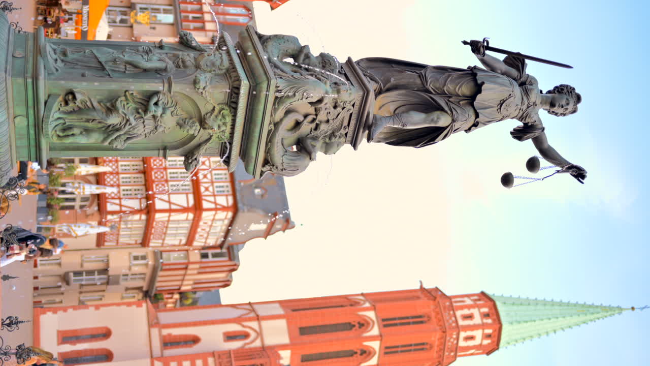 The Fountain of Justice in Romerberg historical market square in Frankfurt, Germany. Vertical