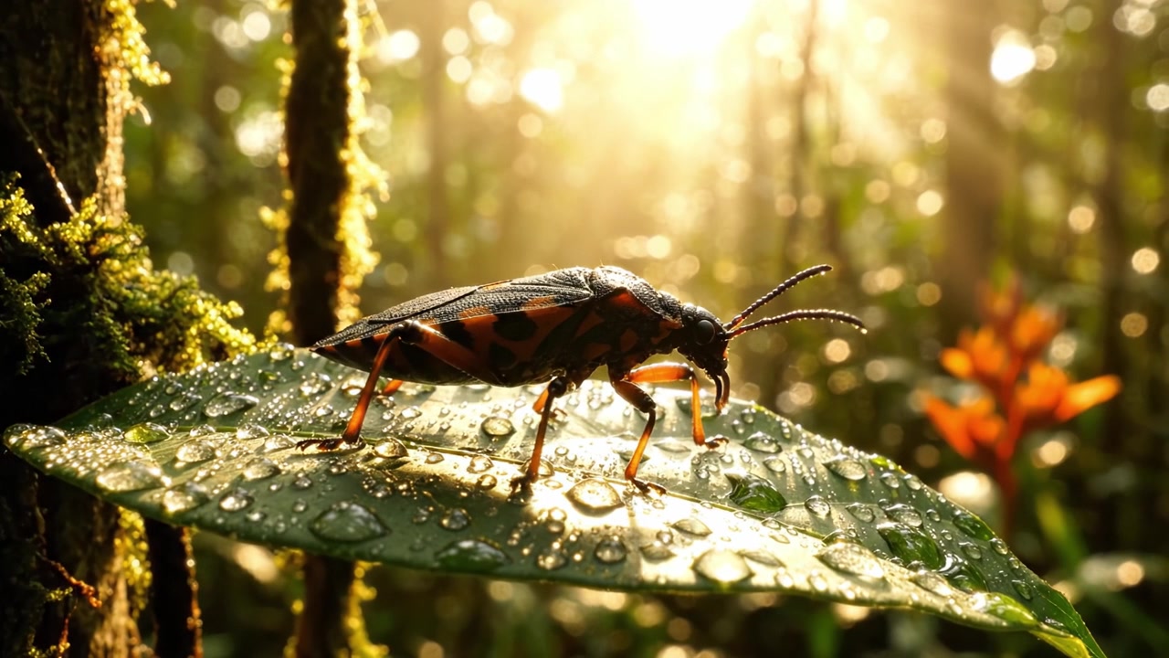 A Close-Up View of a Vibrant Insect Resting on a Dew-Kissed Leaf in a Lush Forest with Sunlight Filtering Through the Trees
