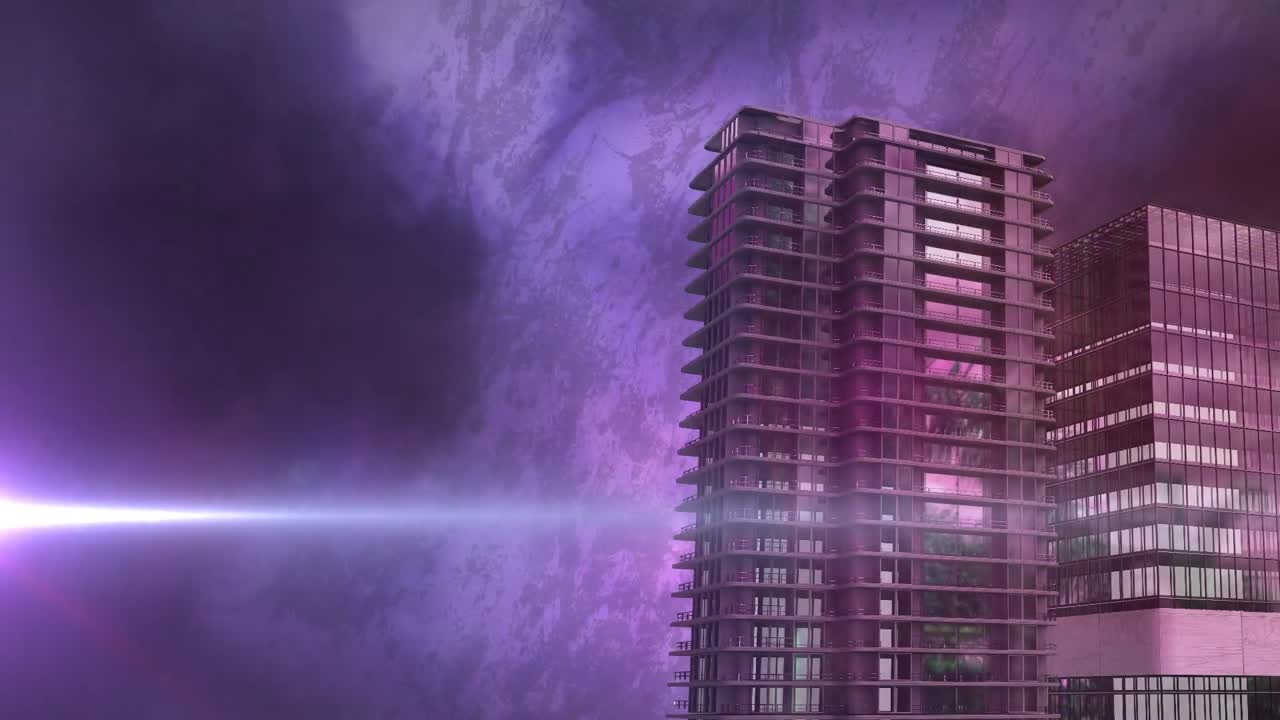Animation of stormy clouds and lightning with modern office buildings