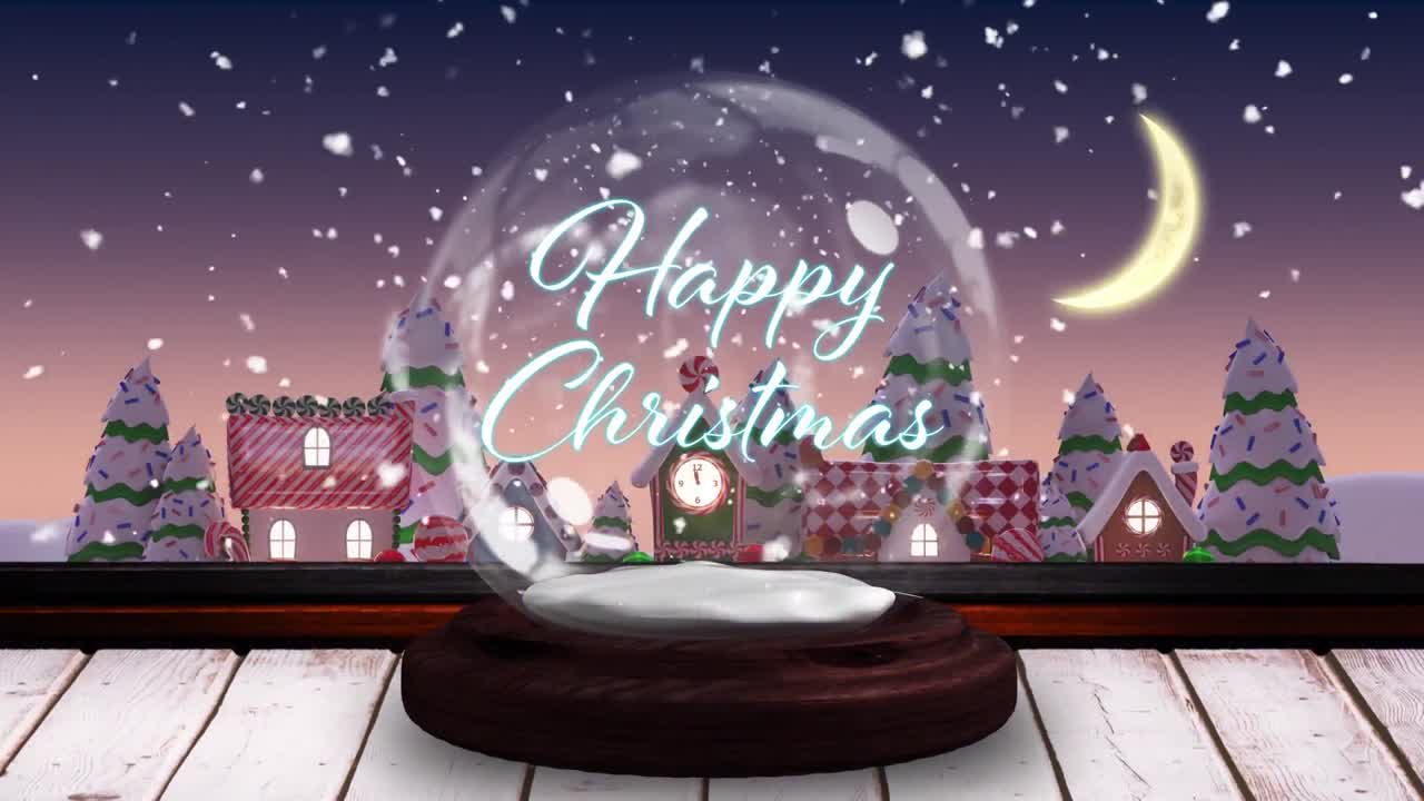 눈이 내리고 떨어지는 별이 스노우 글로브에서 행복한 크리스마스 텍스트에 대해 회전합니다.