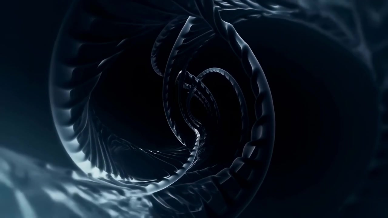 Close-up of abstract spiral tunnel formed by layered translucent ribbon-like bands curling inward toward central black void