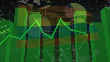 Animation-Grüner-Diagramme-Und-Datenverarbeitung-über-Der-Flagge-Kolumbiens-Auf-Schwarzem-Hintergrund