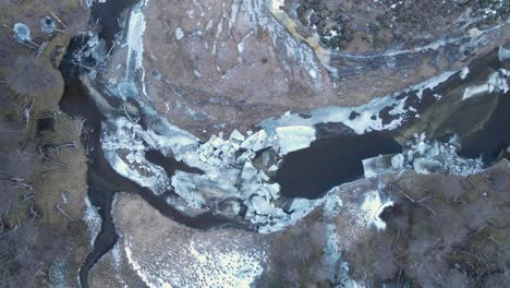 aerial view of river with blocks of ice