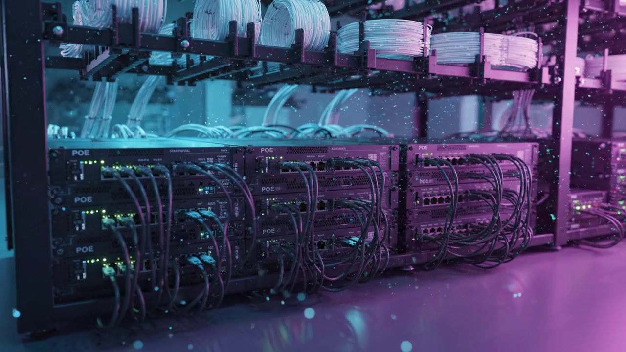 A detailed look at a high-tech network infrastructure featuring advanced electronics, organized cables, and dynamic lighting, showcasing the future of connectivity.