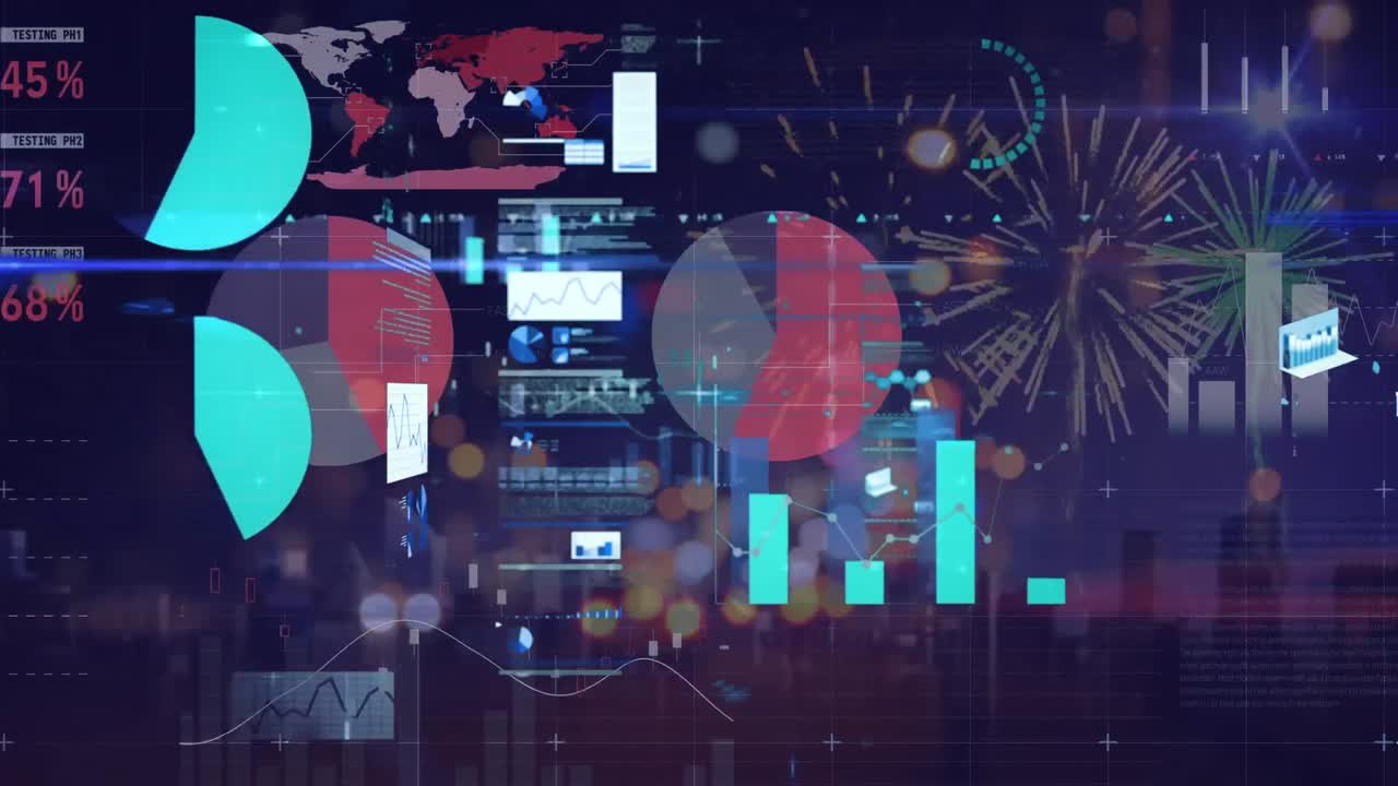 animación de estadísticas y procesamiento de datos financieros sobre el paisaje urbano