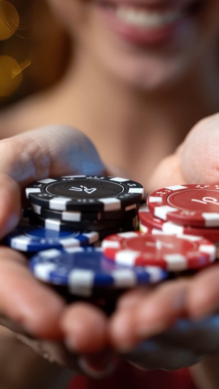 Emozionante momento di attesa: mani che tengono fiches da poker da casinò colorate pronte per una partita, volti pieni di gioia e anticipazione in un'atmosfera vibrante.