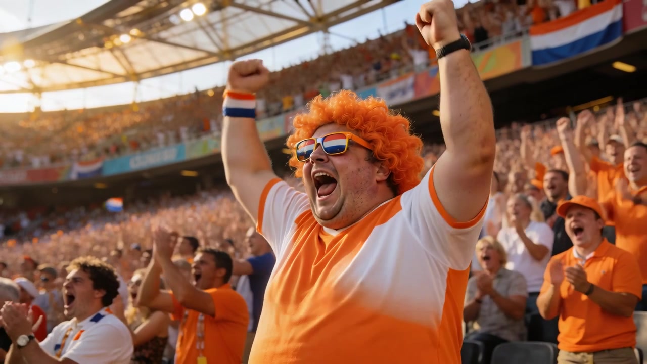 Råbende fan i orange paryk og orange T-shirt på stadion pumper knytnæverne efter et mål og fejrer holdet.