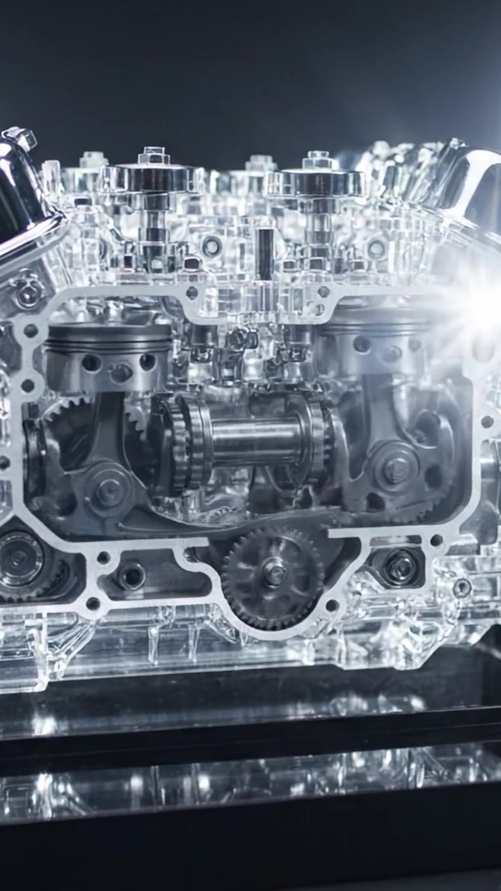 Detailed View of an Engine Mechanism Showcasing Transparent Components and Intricate Gears, Highlighting the Precision of Automotive Engineering and Design