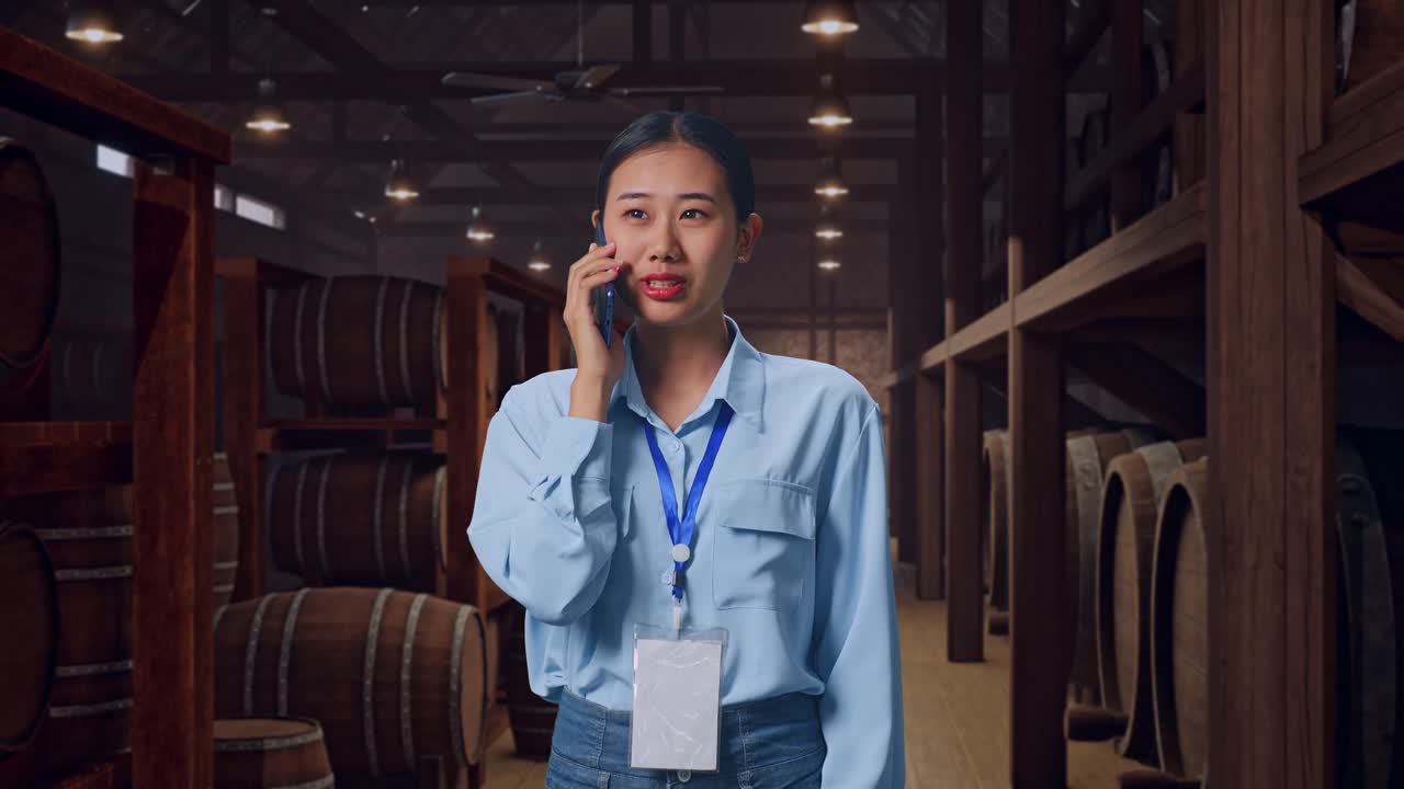 Asian Female Professional Worker Standing In Cellar Of Winery, She Pick The Phone Up And Started To Speaking With It