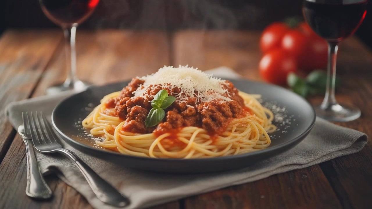 Piatto fumante di spaghetti alla bolognese con vino rosso