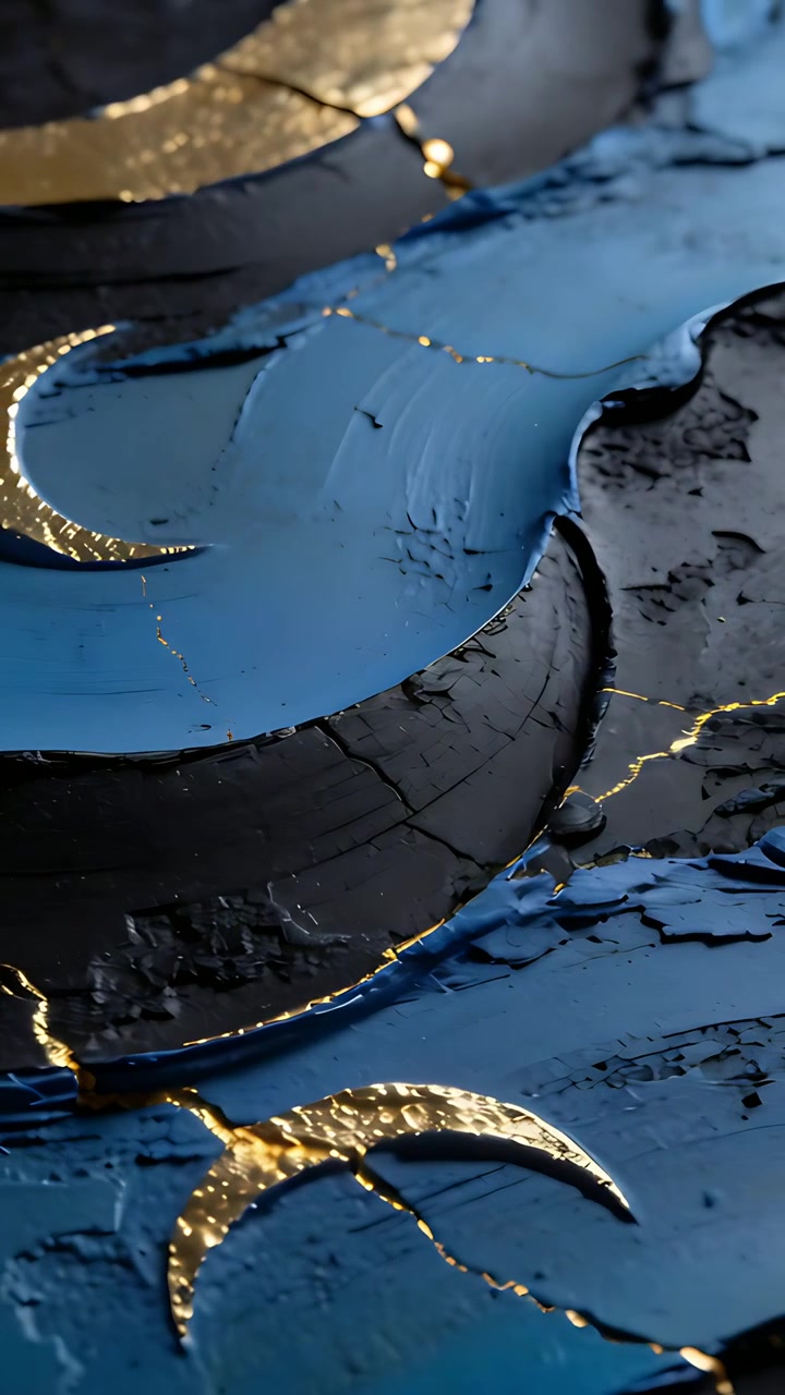 Vertical video: Tracking camera revealing impasto abstract panel on studio, showing gold seams