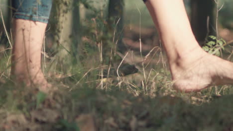 women's bare feet walking through the autumn grass