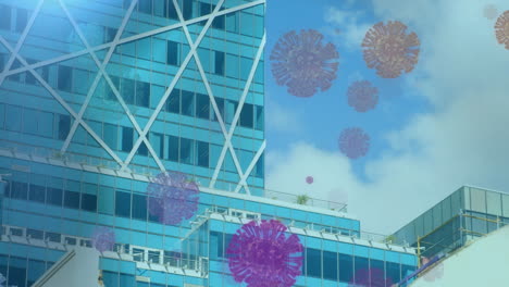 animation of macro covid-19 cells floating over a cityscape