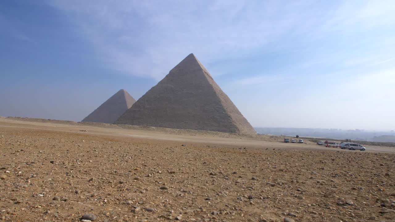 A tracking shot for the great pyramids of Egypt
